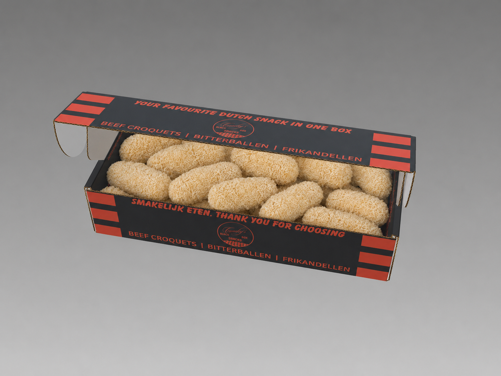Box 18 Dutch Beef Croquets, 100 grams, 30% meat | Brand: "Black Box Snacks" Price per kg $ 32.63
