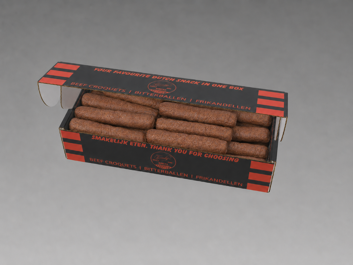 Box of 20 Frikandellen (Dutch Skinless Sausages), 100 grams | Brand: "Black Box Snacks", Price per kg $ 37.47