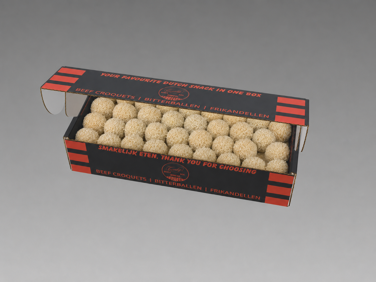 Box 54 Dutch Bitterballen, 32 grams, 30% | Brand: "Black Box Snacks" Price per kg $ 40.02