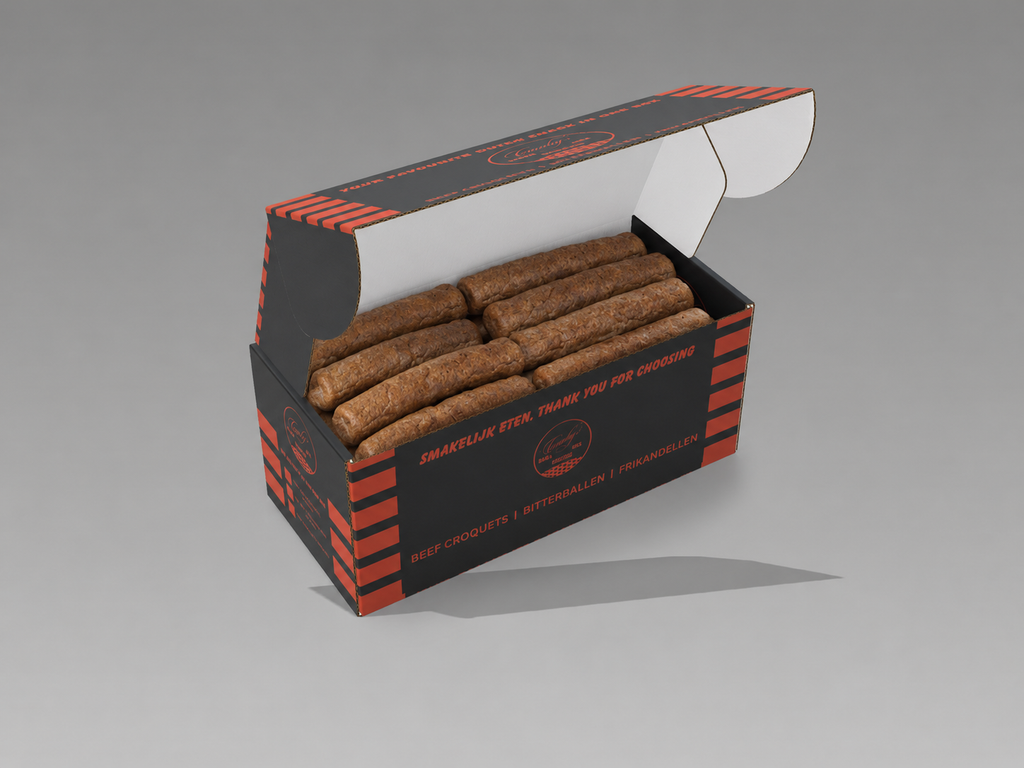 Box of 40 Frikandellen (Dutch Skinless Sausages), 100 grams | Brand: "Black Box Snacks", Price per kg $ 35.78